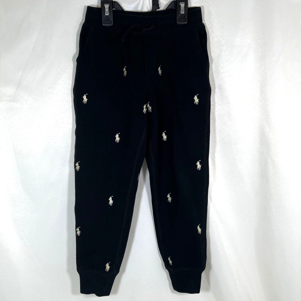 Polo Ralph Lauren Girls Embroidered Pony Fleece Jogger Pants Black Gold Size S/7
